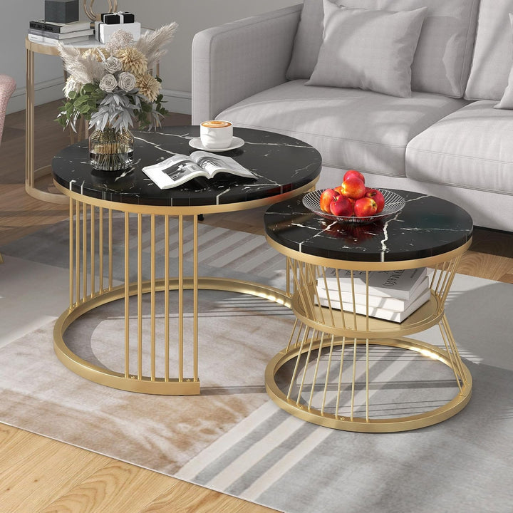 Merax Couchtisch Runder 2er Set, Moderne Nesting Kaffeetisch, Wohnzimmertisch, Sofatisch, Metallrahm