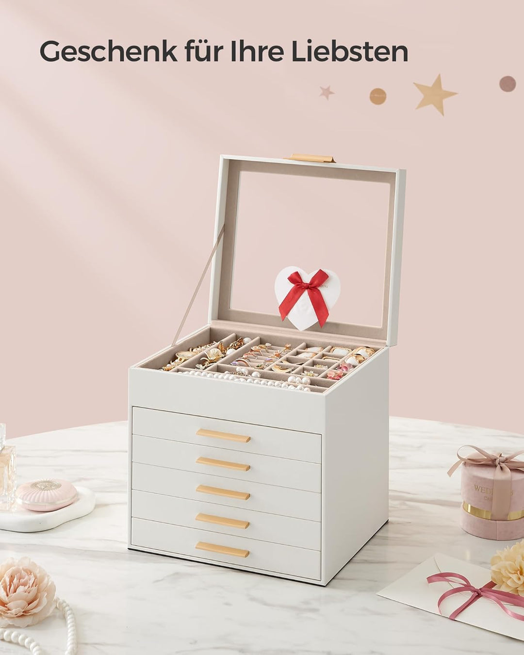 SONGMICS GISELLA Kollektion - Schmuckkästchen mit Glasdeckel, Schmuckkasten mit 6 Ebenen, Schmuckbox