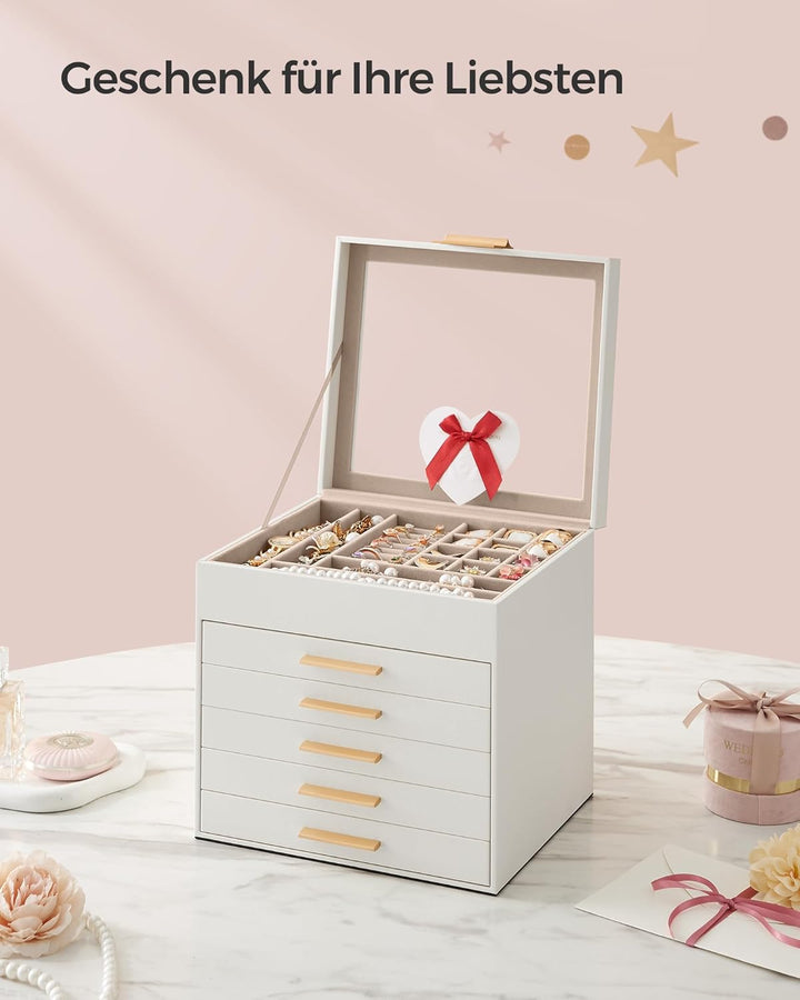 SONGMICS GISELLA Kollektion - Schmuckkästchen mit Glasdeckel, Schmuckkasten mit 6 Ebenen, Schmuckbox