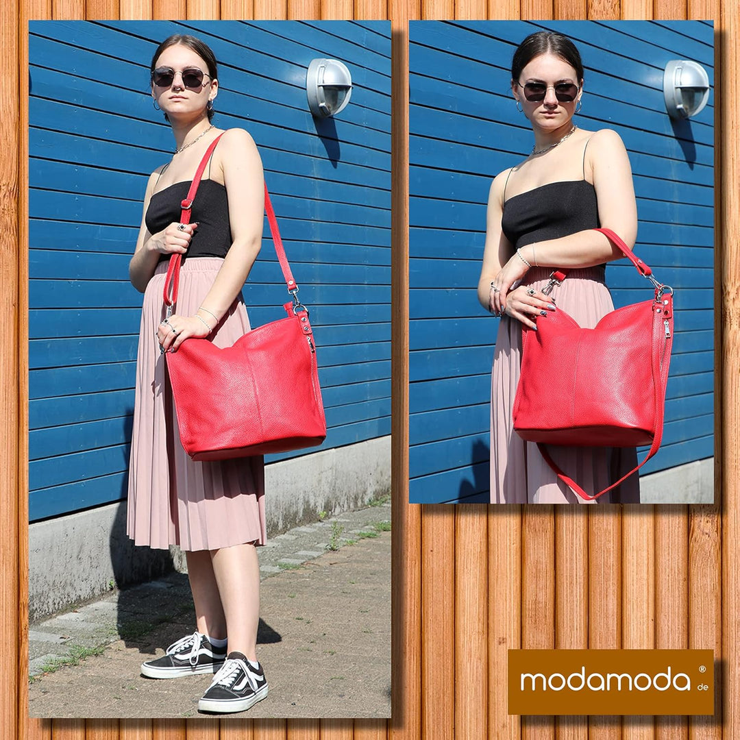 modamoda de - T177 - ital. Damen Schultertasche aus Leder Blau, Blau