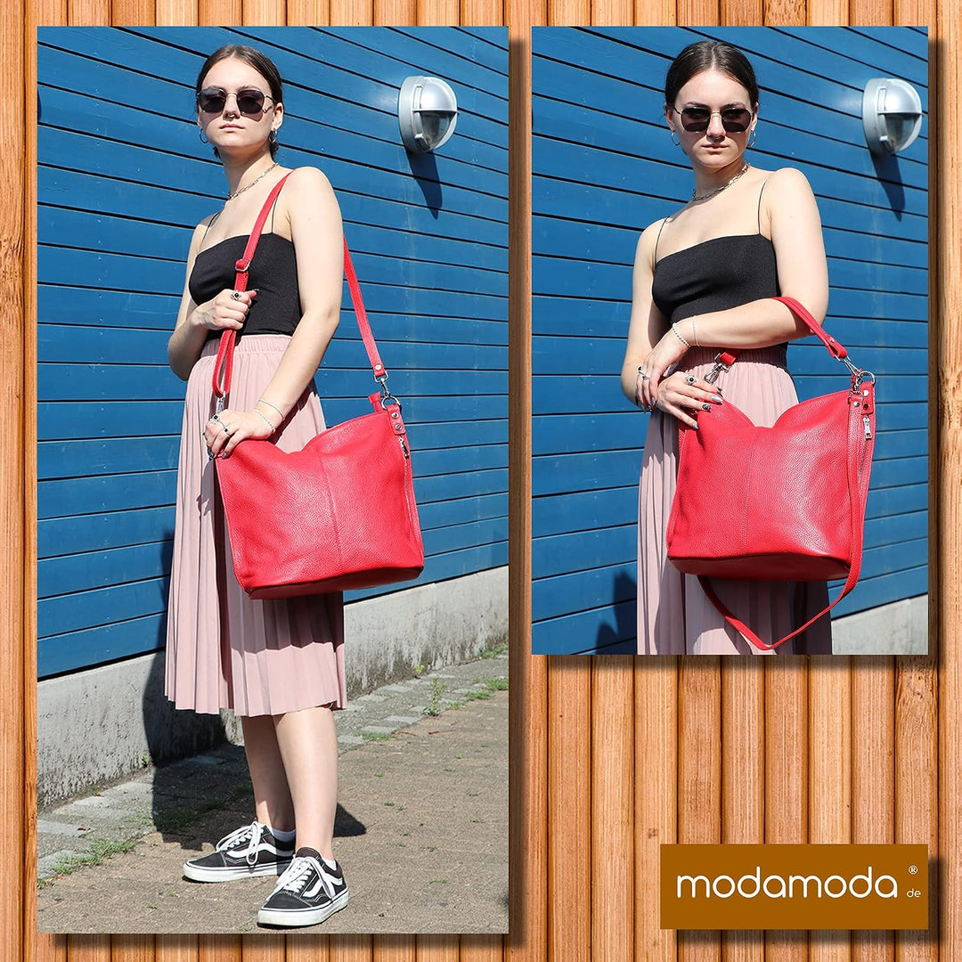 modamoda de - T177 - ital. Damen Schultertasche aus Leder Graphitgrau, Graphitgrau