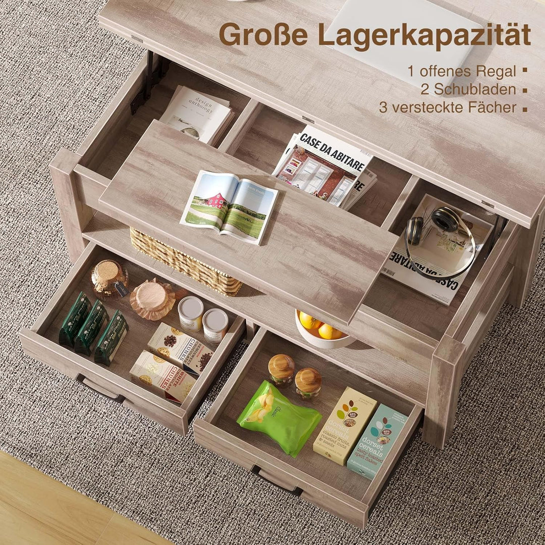 Rolanstar Couchtisch Höhenverstellbar, Wohnzimmertisch mit Schublade & verstecktem Fach, Kaffeetisch