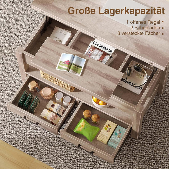 Rolanstar Couchtisch Höhenverstellbar, Wohnzimmertisch mit Schublade & verstecktem Fach, Kaffeetisch