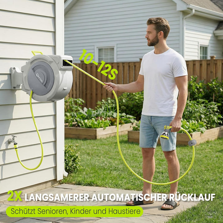 Schlauchtrommel Wasser 30m + 2m, 180° Schwenkbar Wand-Schlauchbox, Automatischer Gartenschlauch trom