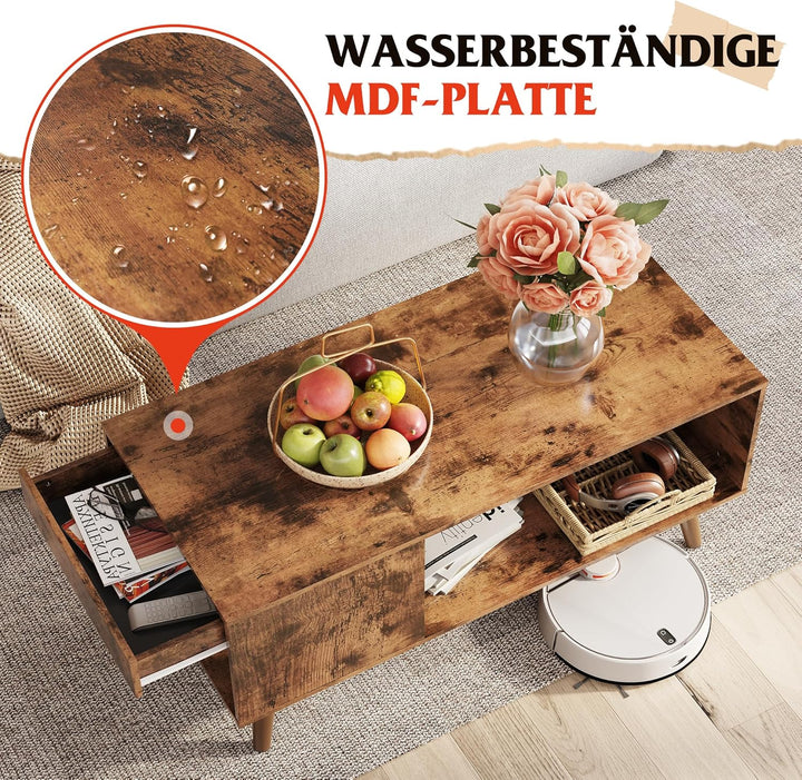 WLIVE Couchtisch Holz, Wohnzimmertisch mit Schubladen und Aufbewahrung,Wohnzimmer Tisch für Couch, S