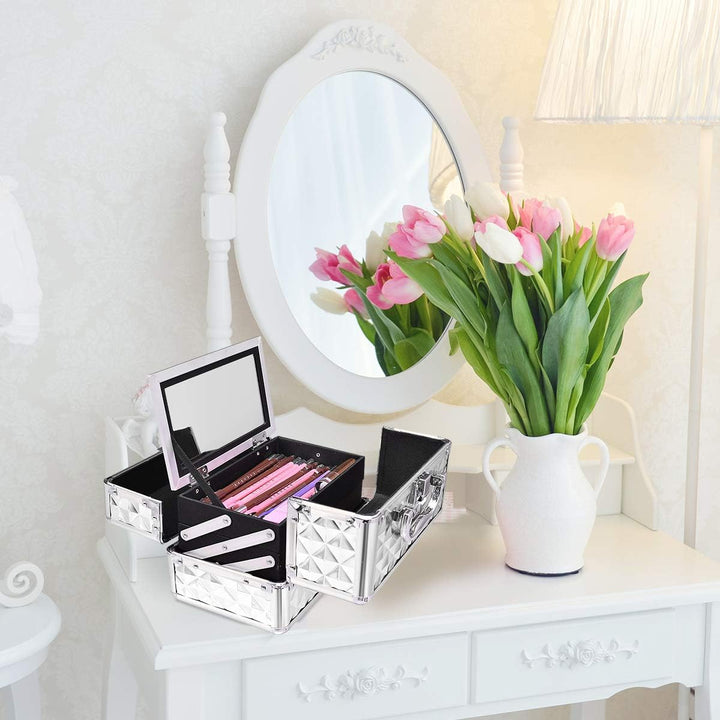 GOPLUS Kosmetikkoffer, Schminkkoffer leer mit Spiegel & 2 ausziehbare Ablagen, Makeup Oragnizer trag