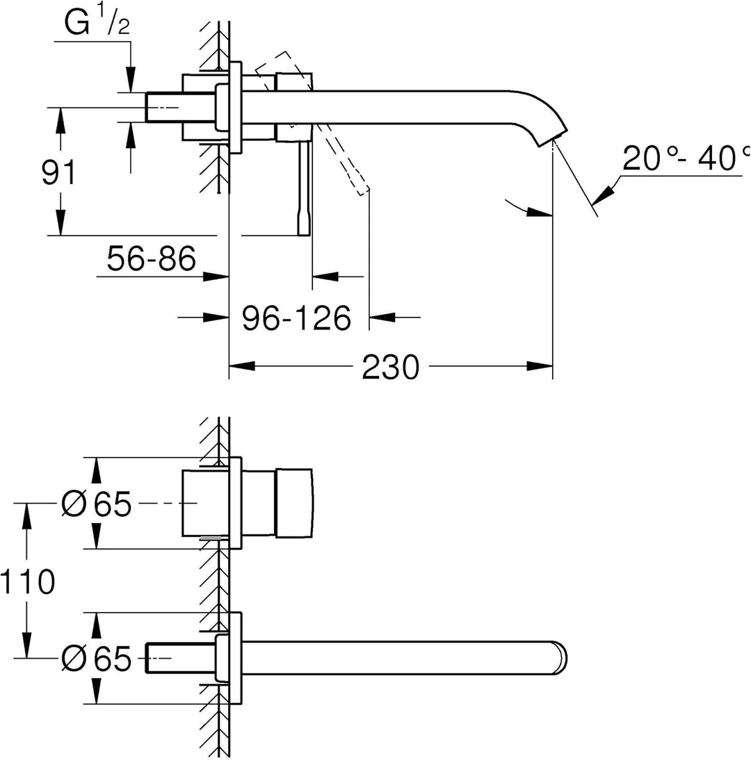 GROHE Essence - 2-Loch Waschtischarmatur (wassersparend, Wandmontage, Ausladung: 230 mm), supersteel