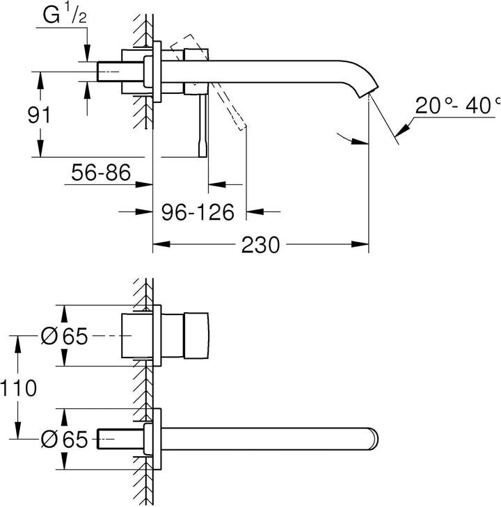 GROHE Essence - 2-Loch Waschtischarmatur (wassersparend, Wandmontage, Ausladung: 230 mm), supersteel