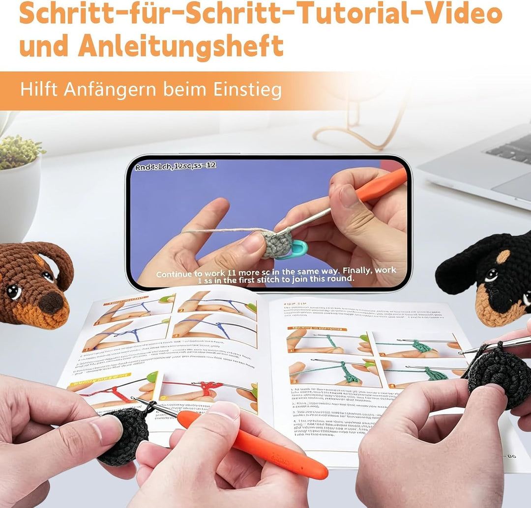 VZU Dackel Häkelset für Anfänger, Komplettes DIY Crochet Tier Kit mit Weichem Garn, Häkelnadel, Anle