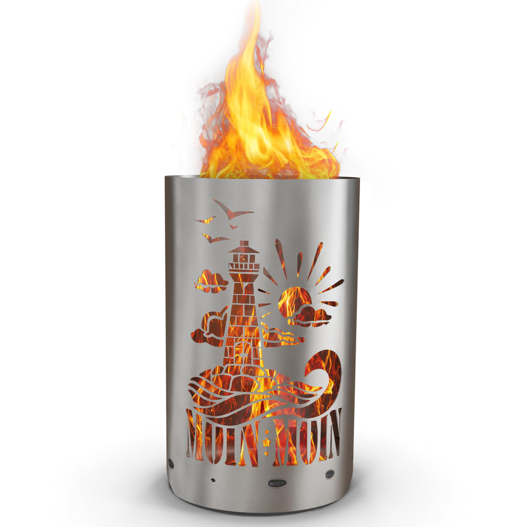 TiKo-Design® Feuertonne - Lagerfeuertonne - Feuerkorb mit Leuchtturm Moin Moin Motiv – Verleihen Sie