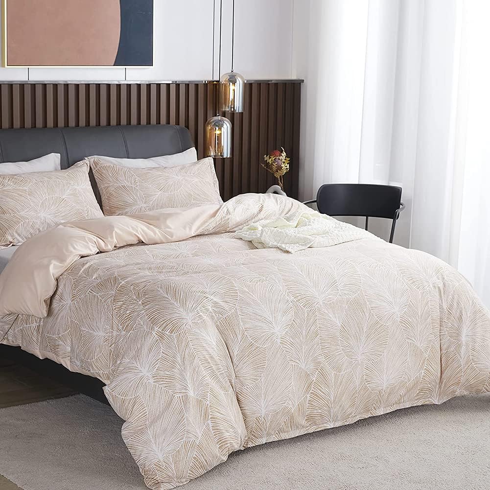Nayoroom Bettwäsche 135x200 Beige Blätter Muster Bettbezug Microfaser Tropisch Palmenblätter Wendebe