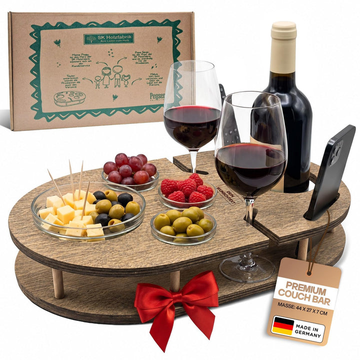 Couchbar Weinbar in grau mit 4 Glasschalen | Couch Tablett für Wein mit Getränkehalterung für Weingl