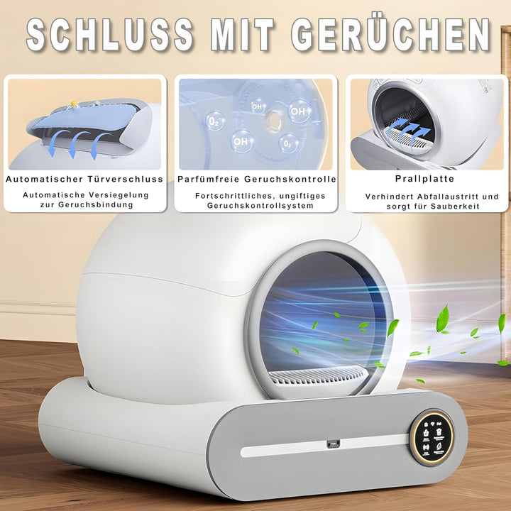 Selbstreinigende Katzentoilette, 65L+9L Selbstreinigende Toilette mit 5 Rollen Müllsäcken und 1 Fuss