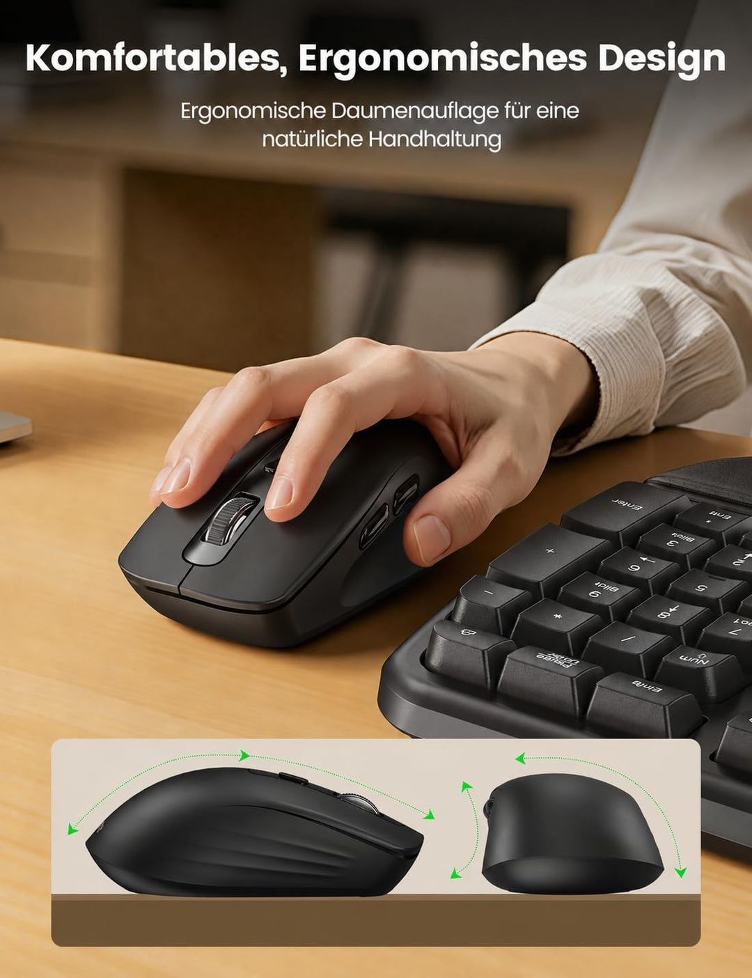 Tastatur Maus Set Kabellos, 2,4GHz Wave Tasten in Voller Grösse, Ergonomische Tastatur mit Gepolster