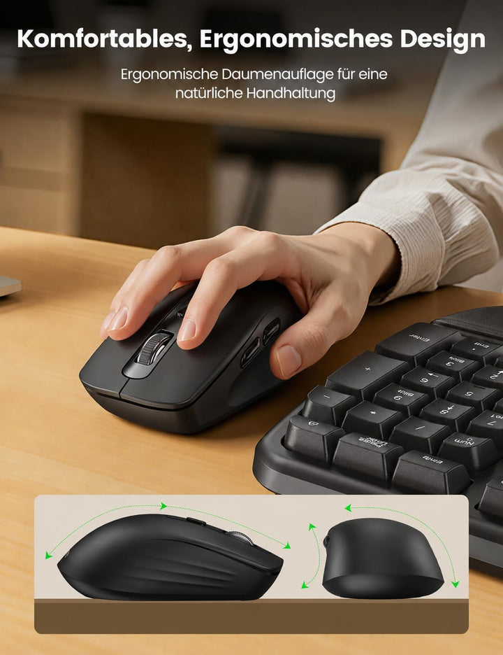 Tastatur Maus Set Kabellos, 2,4GHz Wave Tasten in Voller Grösse, Ergonomische Tastatur mit Gepolster