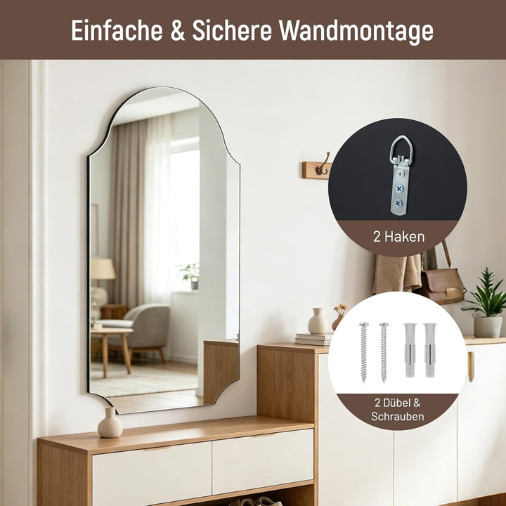 Muzilife Rahmenloser Wandspiegel 51x91cm, Unregelmässiger Bogenspiegel mit MDF-Rückwand, Dekorativer