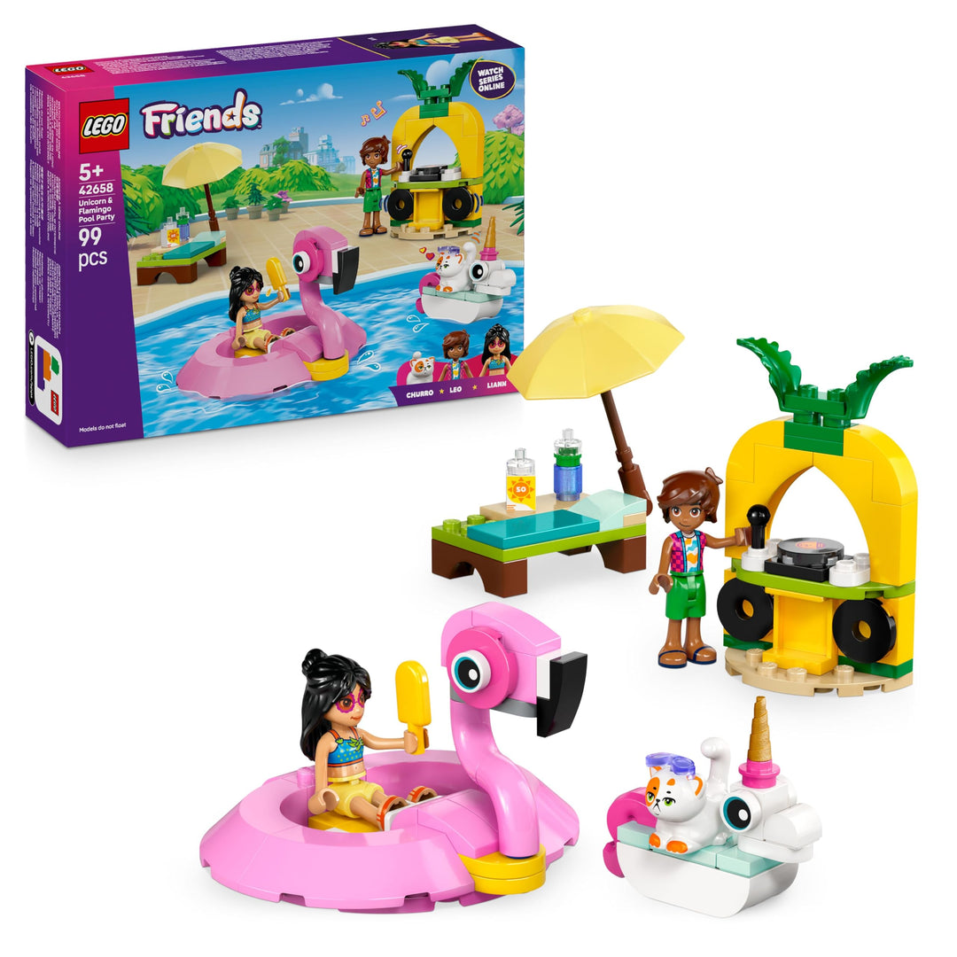 LEGO Friends Poolparty mit Einhorn und Flamingo - Spielzeug mit Tier Schwimmtieren, 2 Minifiguren, K