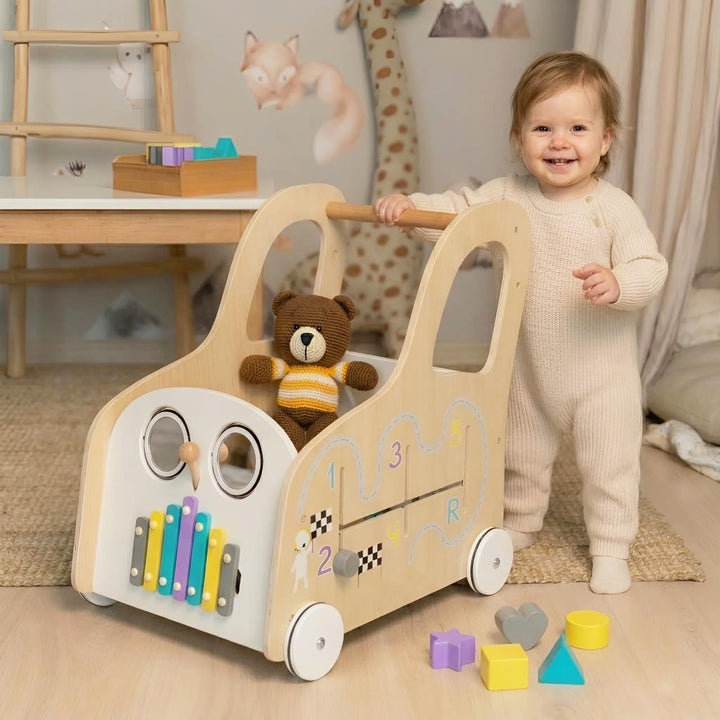 Cateam Lauflernwagen Baby mit rädern - Holzspielzeug mit Lauflernhilfe, Motorikwürfel und Gehfrei -
