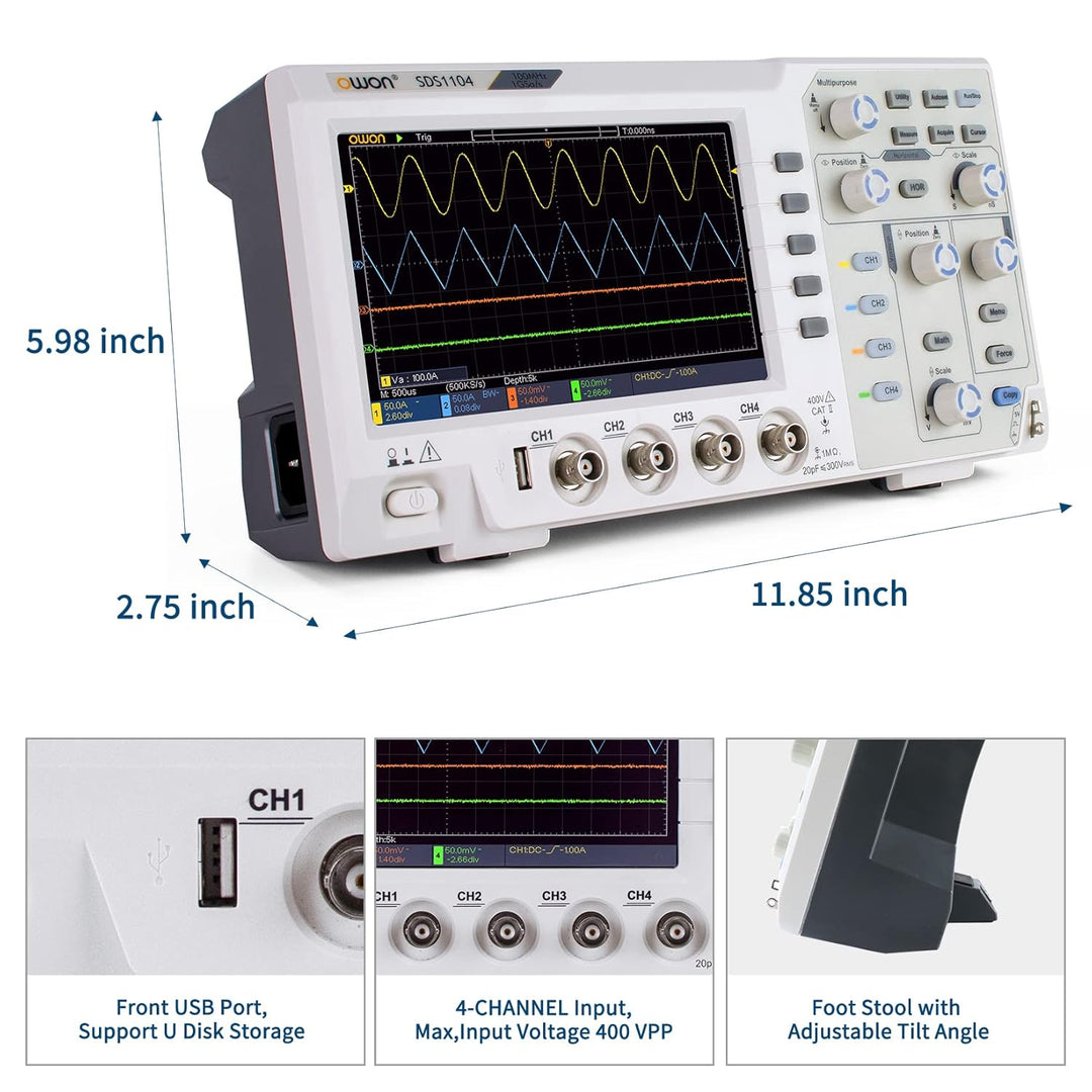 OWON 100 MHz Digitales Oszilloskop SDS1104, 17,8 cm (7 Zoll) LCD-Digitalspeicher-Oszilloskop, unters