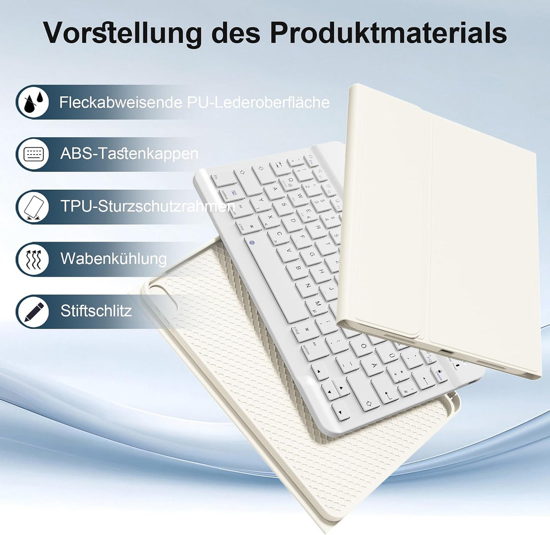 Tastatur Hülle für iPad A16 11. Gen/iPad 10. Gen, QWERTZ, Cremeweiss | Kabellose Magnetische Tastatu