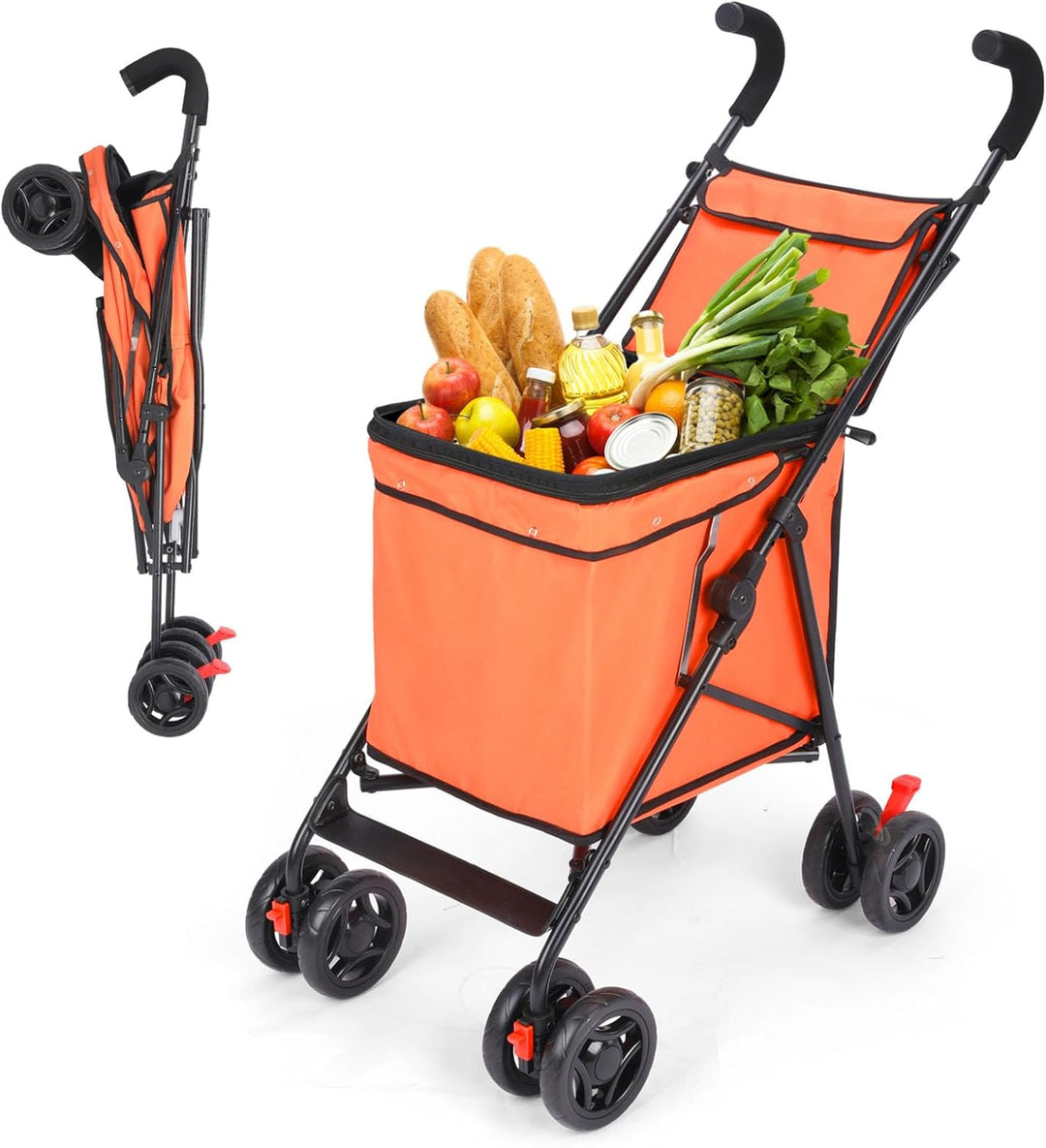 Faltbarer Einkaufswagen, patentiert, 27,2 kg Kapazität, minimalistisch, Orange