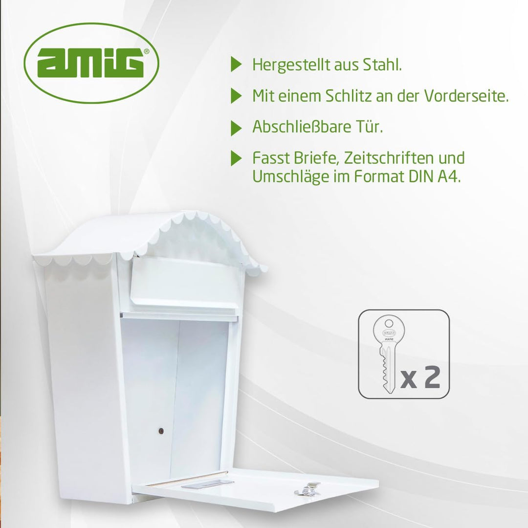 Amig 7463 - Aussenbriefkasten Modell 1, aus Stahl, Farbe Weiss, Masse 37 x 32 x 10,5 cm (DIN-A4-Papi