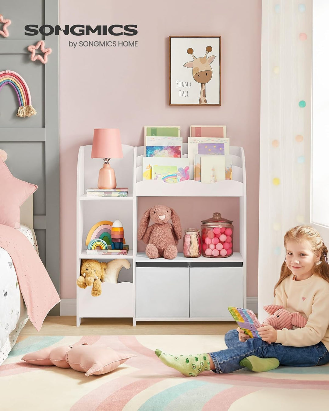 SONGMICS Bücherregal Kinder, Kinderregal, Spielzeugregal mit 2 Aufbewahrungsboxen, für Bücher, Kinde