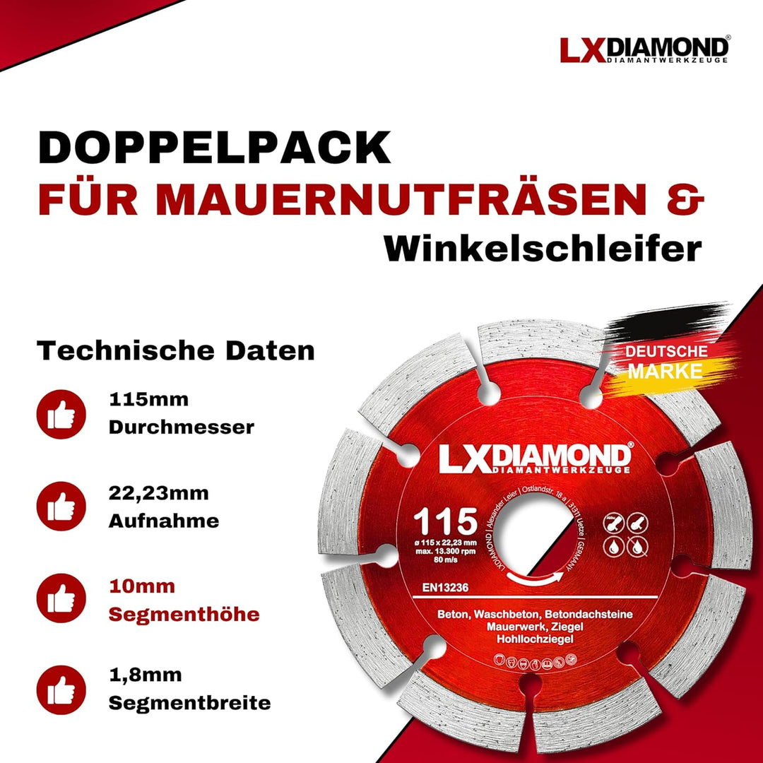 LXDIAMOND Diamant-Trennscheibe 2x 115mm x 22,23mm - für Winkelschleifer Mauernutfräse Schlitzfräse -