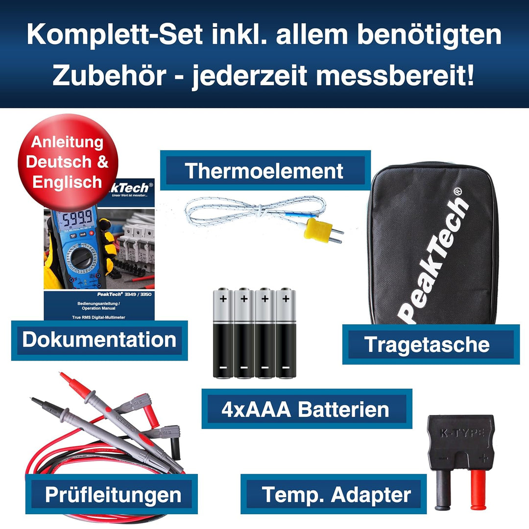 PeakTech 3349 – True RMS Digital Multimeter, Manual-Range, 6000 Counts, Durchgangsprüfer, Spannungsp