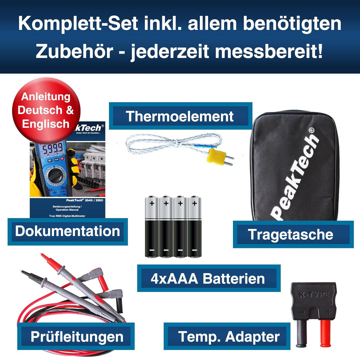 PeakTech 3349 – True RMS Digital Multimeter, Manual-Range, 6000 Counts, Durchgangsprüfer, Spannungsp