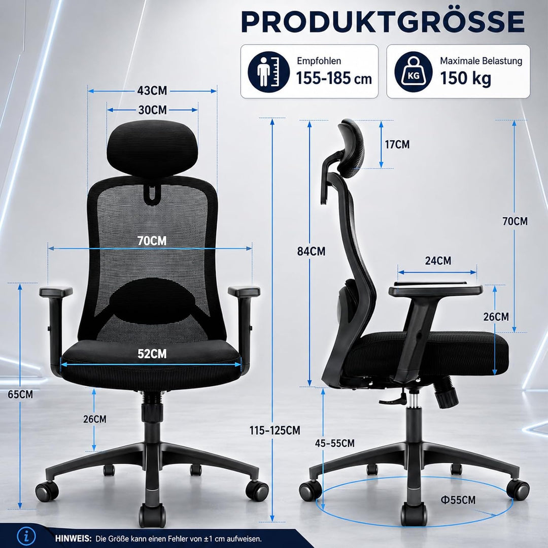 Bürostuhl, Ergonomischer Bürostuhl mit Verstellbarer 4D Lendenwirbelstütze, Schreibtischstuhl mit Ko