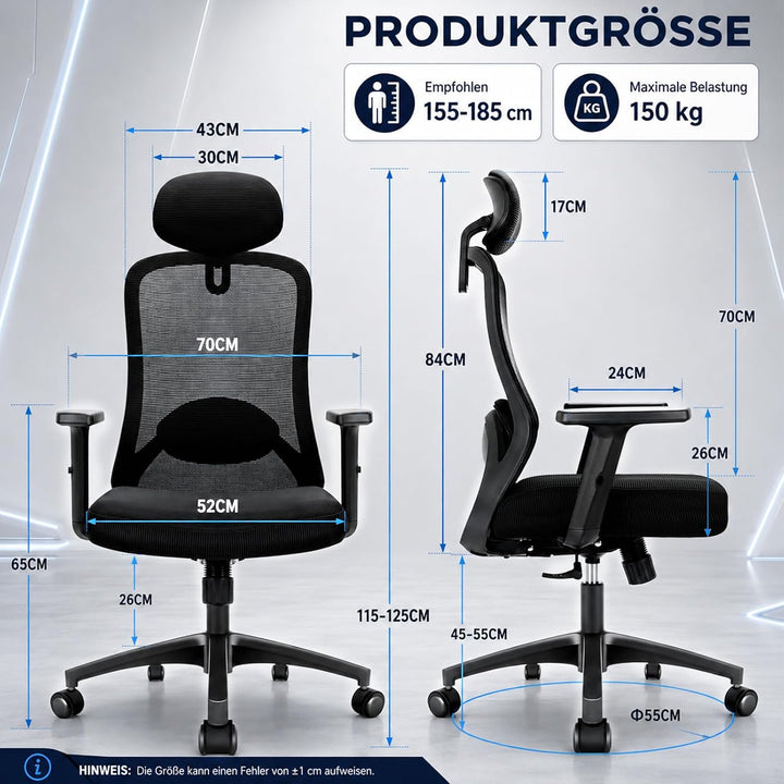 Bürostuhl, Ergonomischer Bürostuhl mit Verstellbarer 4D Lendenwirbelstütze, Schreibtischstuhl mit Ko