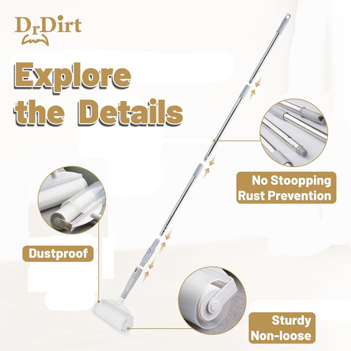 DrDirt 2-in-1-Fusselrolle mit langem Griff, 18 cm breit, klebrige Rolle mit 50 Blatt pro Rolle, entf