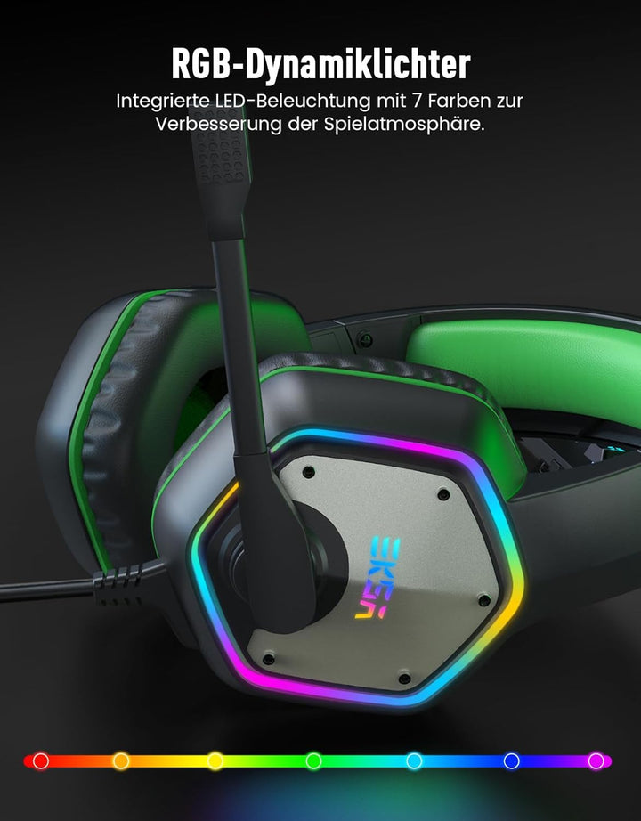 EKSA E1000 USB PC Gaming Headset mit Mikrofon, Gamer Headset mit Bass Surround Sound, RGB Beleuchtun
