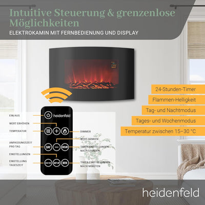 Heidenfeld Wandkamin Elektrisch HF-WK100 𝟯 𝐉𝐀𝐇𝐑𝐄 𝐆𝐀𝐑𝐀𝐍𝐓𝐈𝐄 - Fernbedienung - 3 Jahre Garantie - 1000