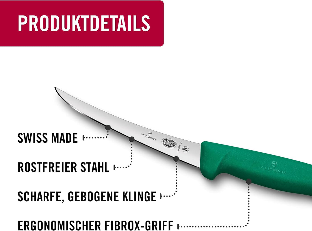 Victorinox Fibrox Ausbeinmesser, Scharfes Küchenmesser für Fleisch und Fisch, 15 cm, Gebogene Klinge