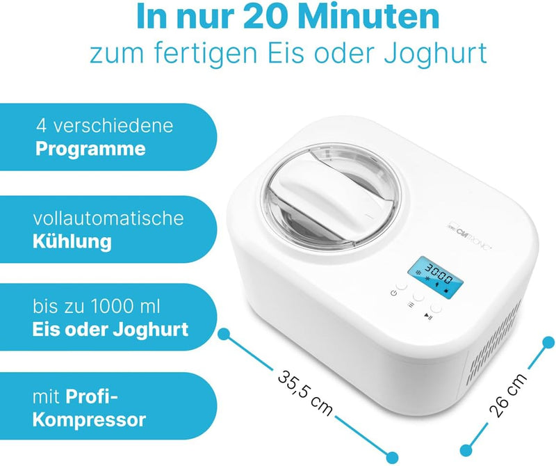 Clatronic® Eismaschine und Joghurtbereiter | Eis in 20 min. | für bis zu 1000ml | Eismaschine mit Ko