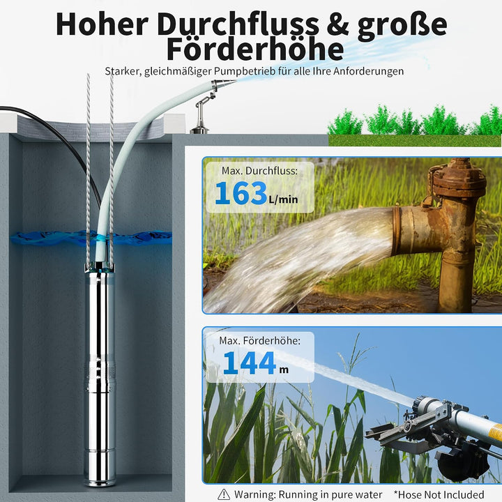FOTING 2200 W Tiefbrunnenpumpe 3 HP Brunnenpumpe 163 L/min Tauchpumpe max. d10.2x13.72 cm, d10.2x13.