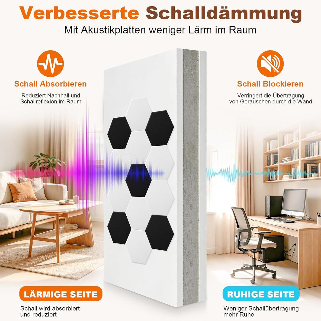 Rdutuok 12 Stück Selbstklebend Akustik Panel,30x26x1cm Hexagon Akustik Absorber Schallschutzplatten
