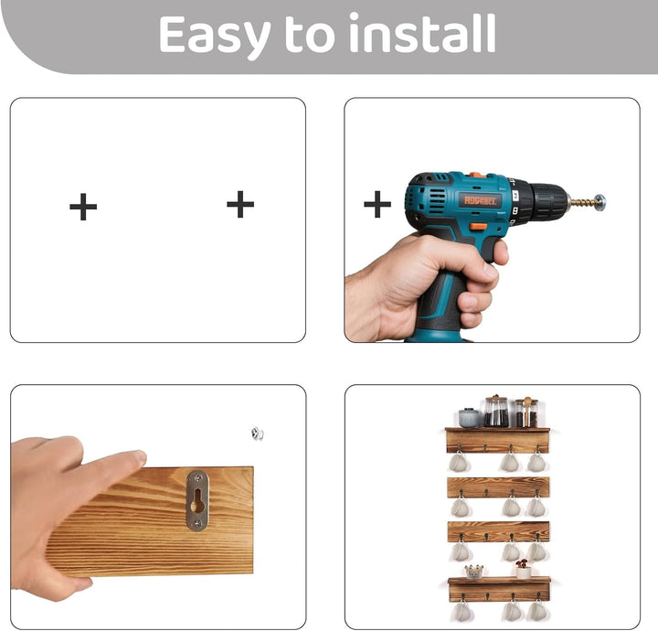 JUJOYBD Tassenhalter Wand, Hängendes Tassenregal mit 16 Haken, Holz Regal für Kaffeebecher, 4er Set