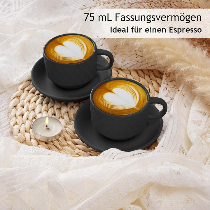 MIAMIO – 6 x 75 ml Espresso Tassen/Espressotassen Set mit Ständer Steingut Keramik - Palmanova Kolle