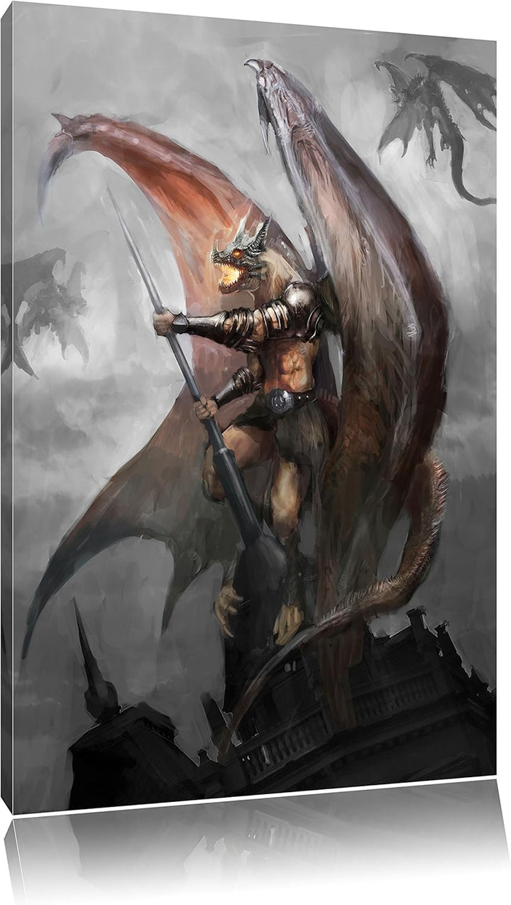 Pixxprint Drachenmann / 100x70cm Leinwandbild bespannt auf Holzrahmen/Wandbild Kunstdruck Dekoration