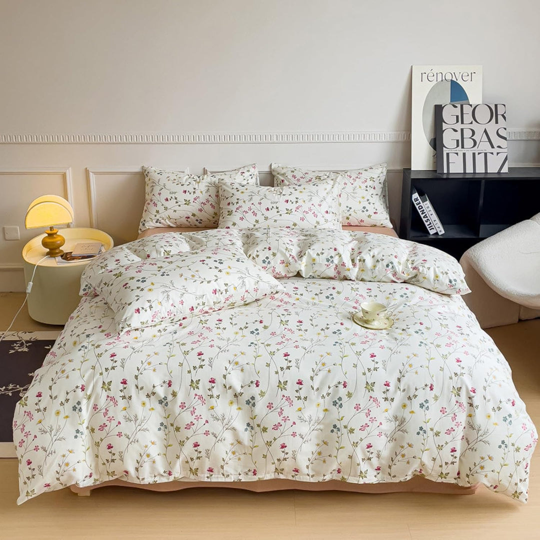 Tospass Baumwolle Bettwäsche Set 135x200cm 2teilig Beige Rosa Bunt Blumen Floral Wende Bettwäsche Bl