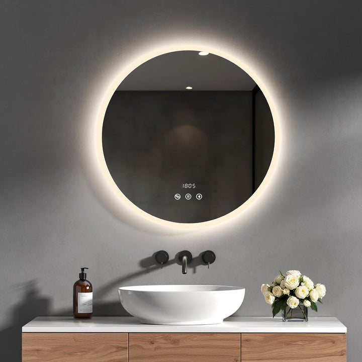 Heilmetz Bluetooth Badspiegel mit Beleuchtung Rund 60cm, LED Badezimmerspiegel mit Licht, Uhr, Antib