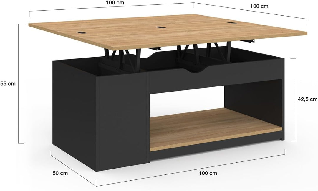 IDMarket - Rechteckiger, aufklappbarer Couchtisch, umwandelbar in einen Esstisch ELEA schwarzes Holz