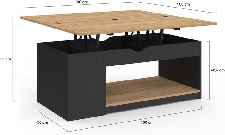 IDMarket - Rechteckiger, aufklappbarer Couchtisch, umwandelbar in einen Esstisch ELEA schwarzes Holz