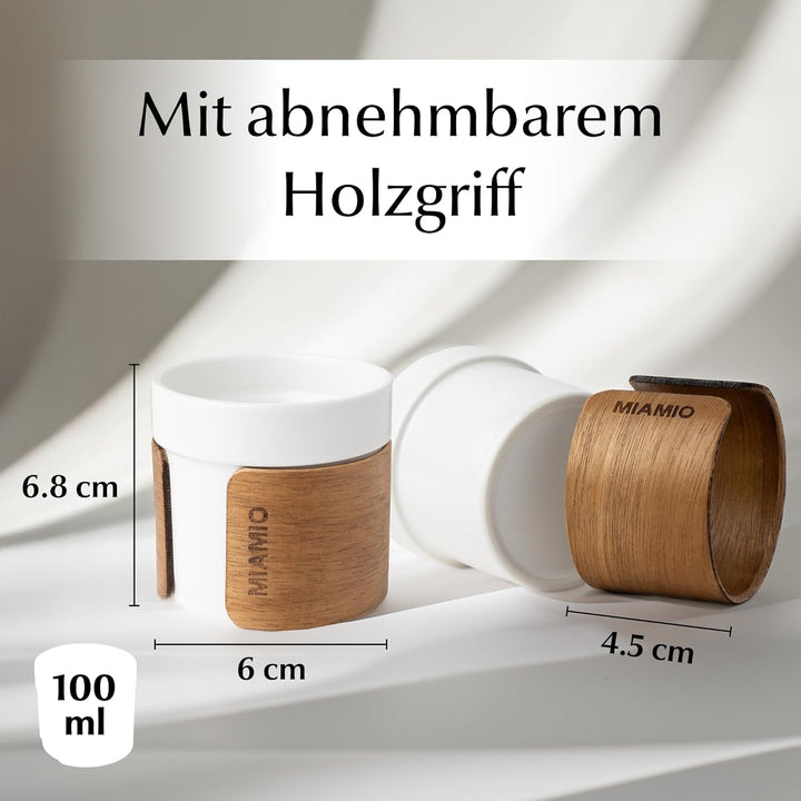 MIAMIO – Espressotassen 4er Set (100 ml) mit abnehmbarer Holzmanschette/Keramik Tassen ohne Henkel,