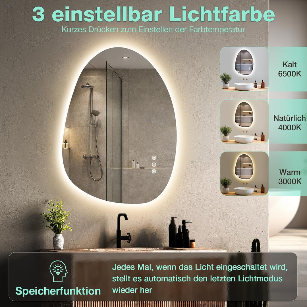 Asymmetrischer Spiegel mit Beleuchtung 75 × 55 cm, 3 Lichtfarben, Dimmbar, Antibeschlag, IP44 Wasser