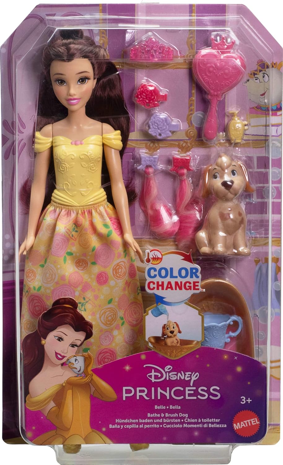 Mattel Disney Princess Belle Modepuppe mit Hündchen, Farbwechseleffekt, Badewanne, Bürste und Haarzu