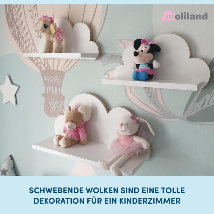 3er Set Wandregal Kinderzimmer Weiss | Babyzimmer Wolkenregal für Bücher, Spielzeug, Dekoration | Re